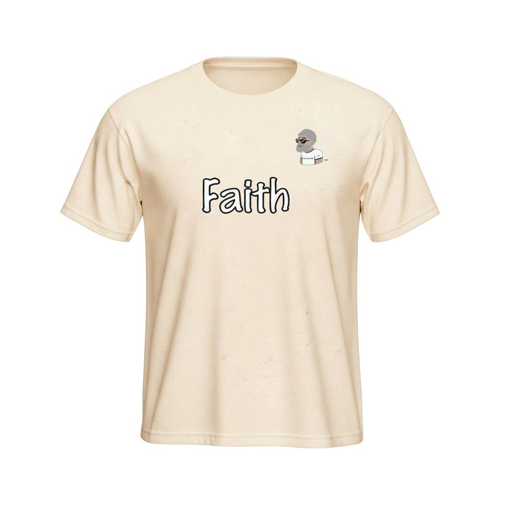 Big Daddy Allen Productions cream cotton t-shirt with "Faith" graphic and BDA logo on chest.