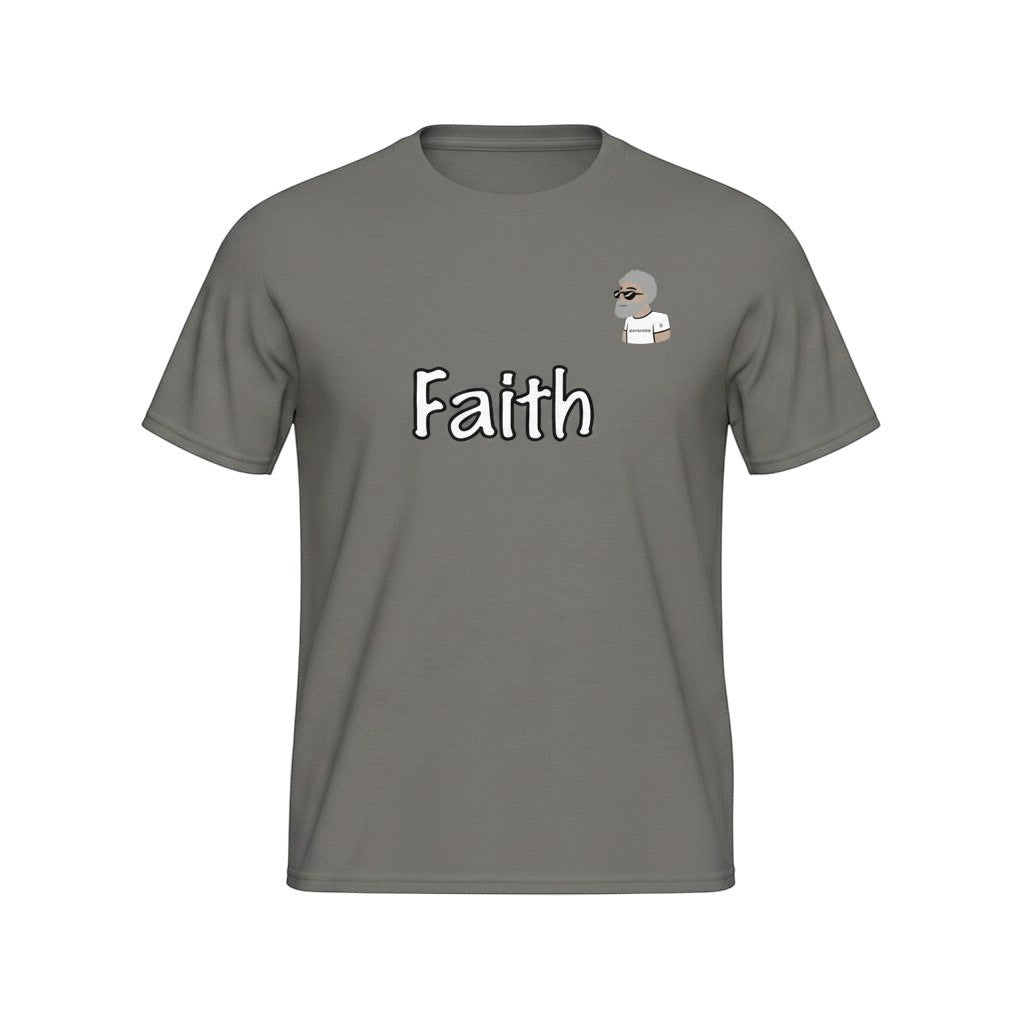 Big Daddy Allen Productions grey cotton t-shirt with "Faith" graphic and BDA logo on chest.