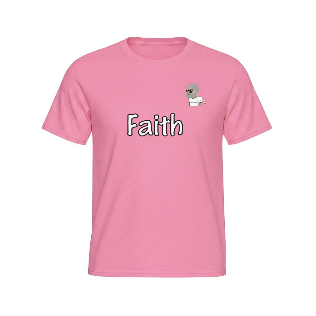 Big Daddy Allen Productions pink cotton t-shirt with "Faith" graphic and BDA logo on chest.