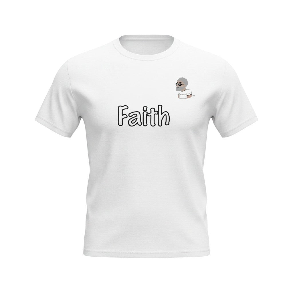 Big Daddy Allen Productions white cotton t-shirt with "Faith" graphic and BDA logo.