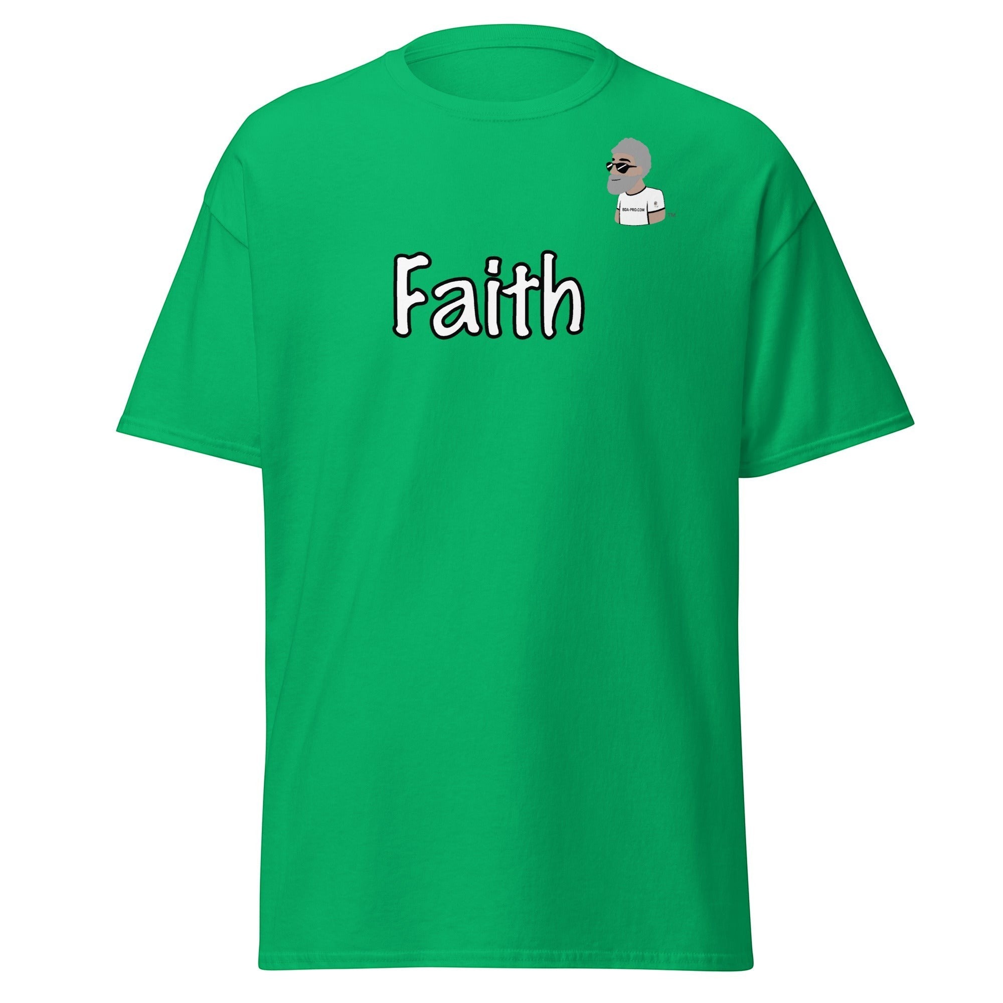 Big Daddy Allen Productions green cotton t-shirt with "Faith" graphic and BDA logo on chest.
