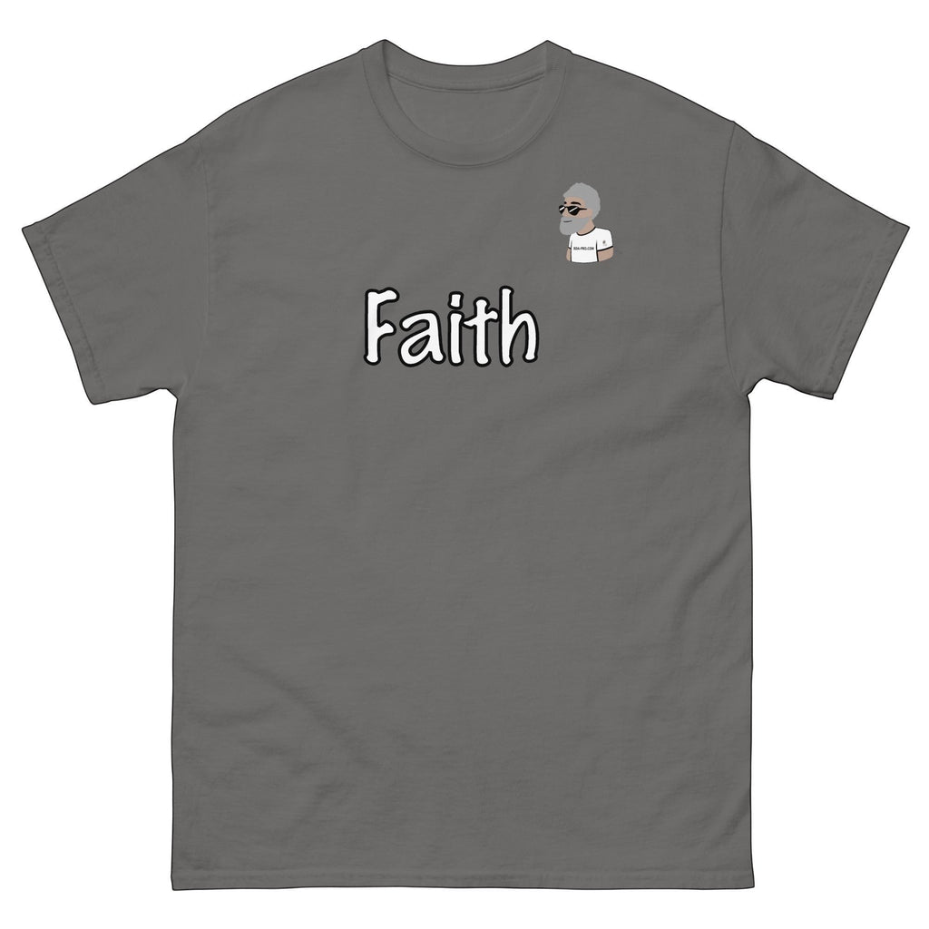 Big Daddy Allen Productions grey cotton t-shirt with "Faith" graphic and BDA logo on chest.