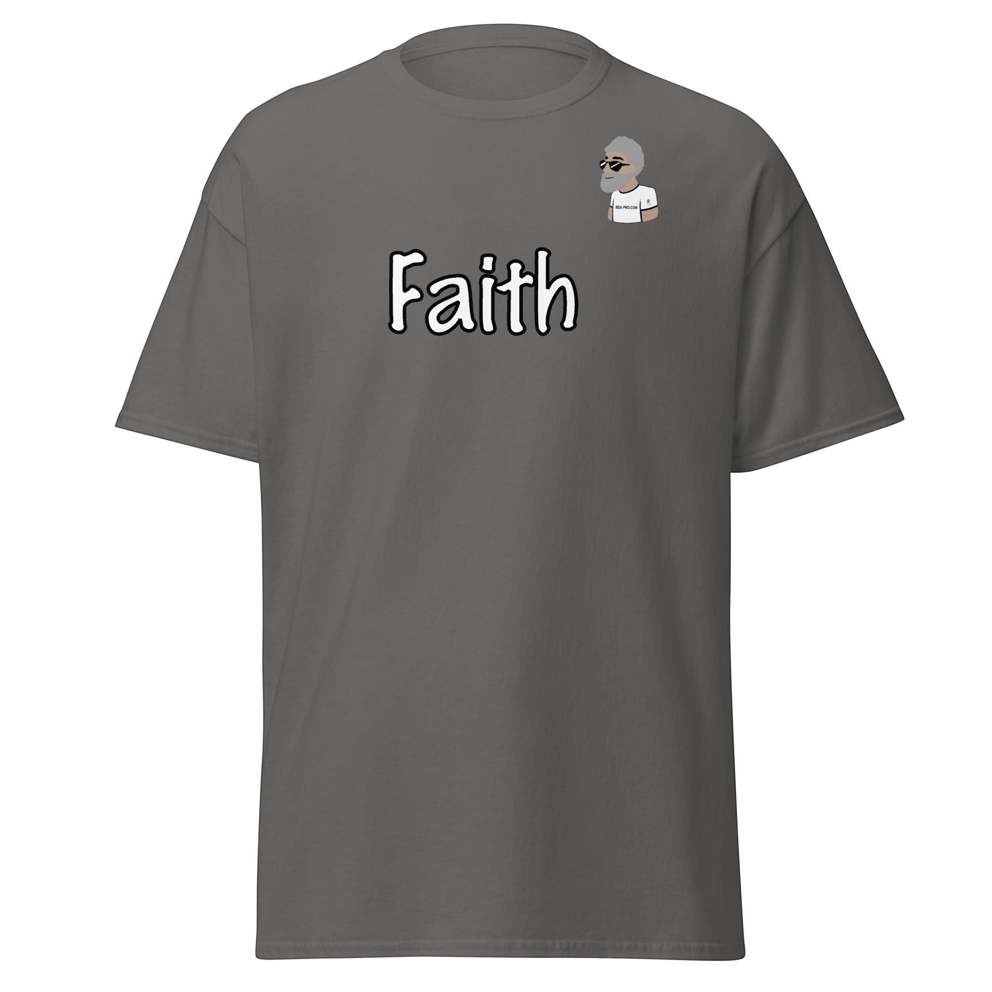 Big Daddy Allen Productions grey cotton t-shirt with "Faith" graphic and BDA logo on chest.