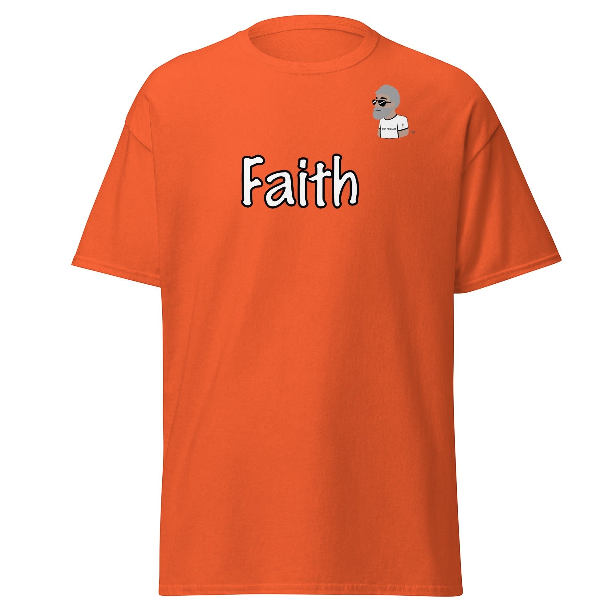Big Daddy Allen Productions orange cotton t-shirt with "Faith" graphic and BDA logo on chest.
