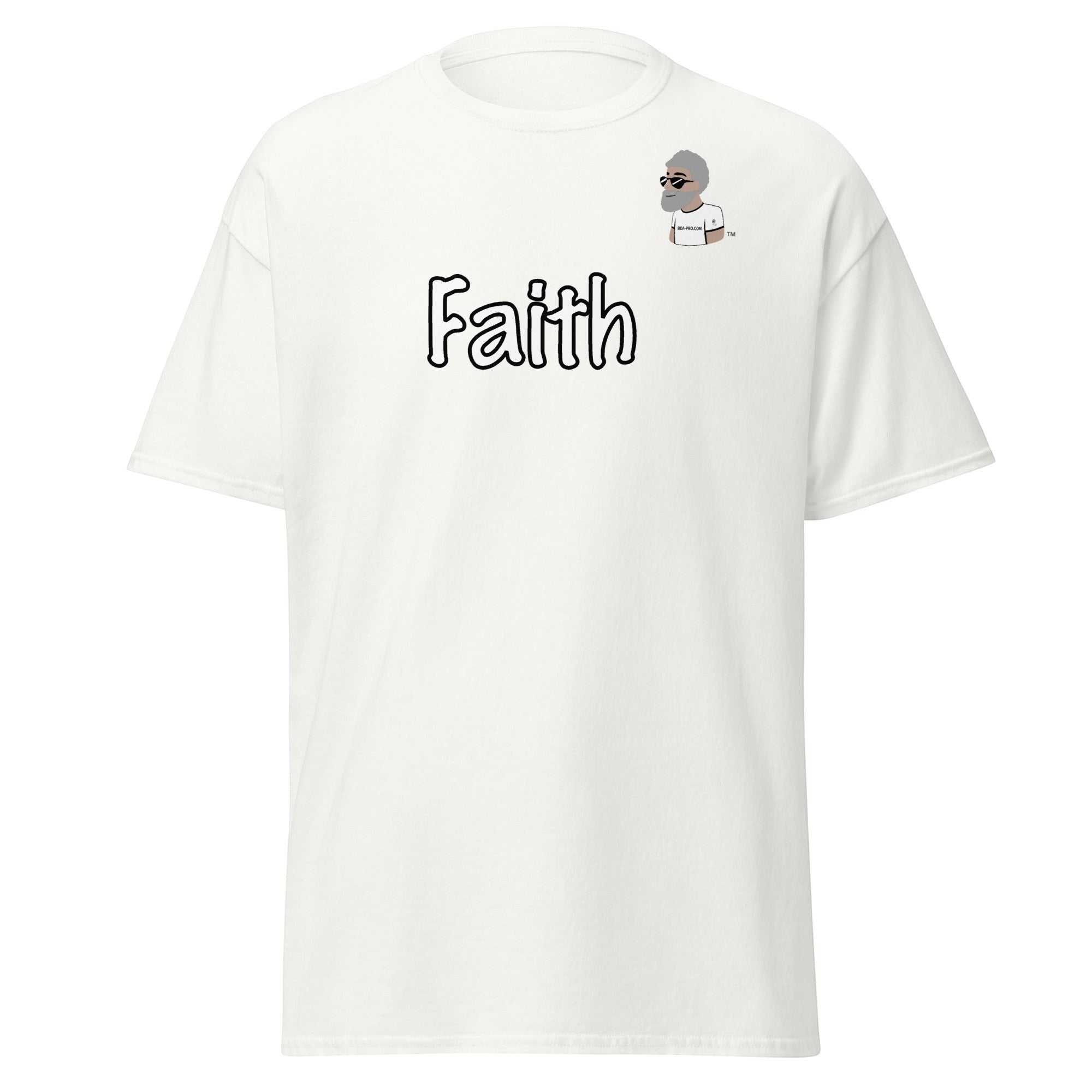 Big Daddy Allen Productions white cotton t-shirt with black "Faith" graphic and BDA logo.