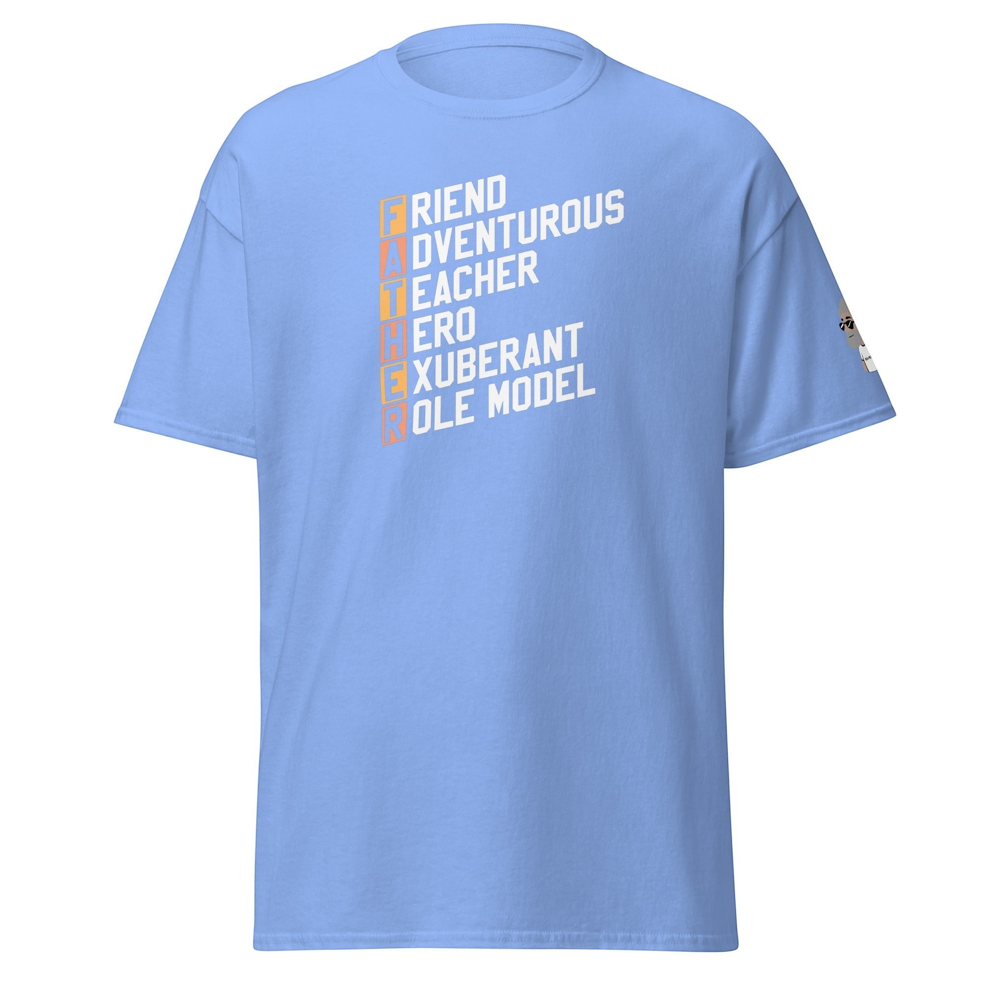Big Daddy Allen Productions light blue cotton t-shirt with white text spelling out FATHER with descriptive words for each letter.