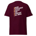 Big Daddy Allen Productions maroon cotton t-shirt with white and orange text spelling FATHER with descriptive words.
