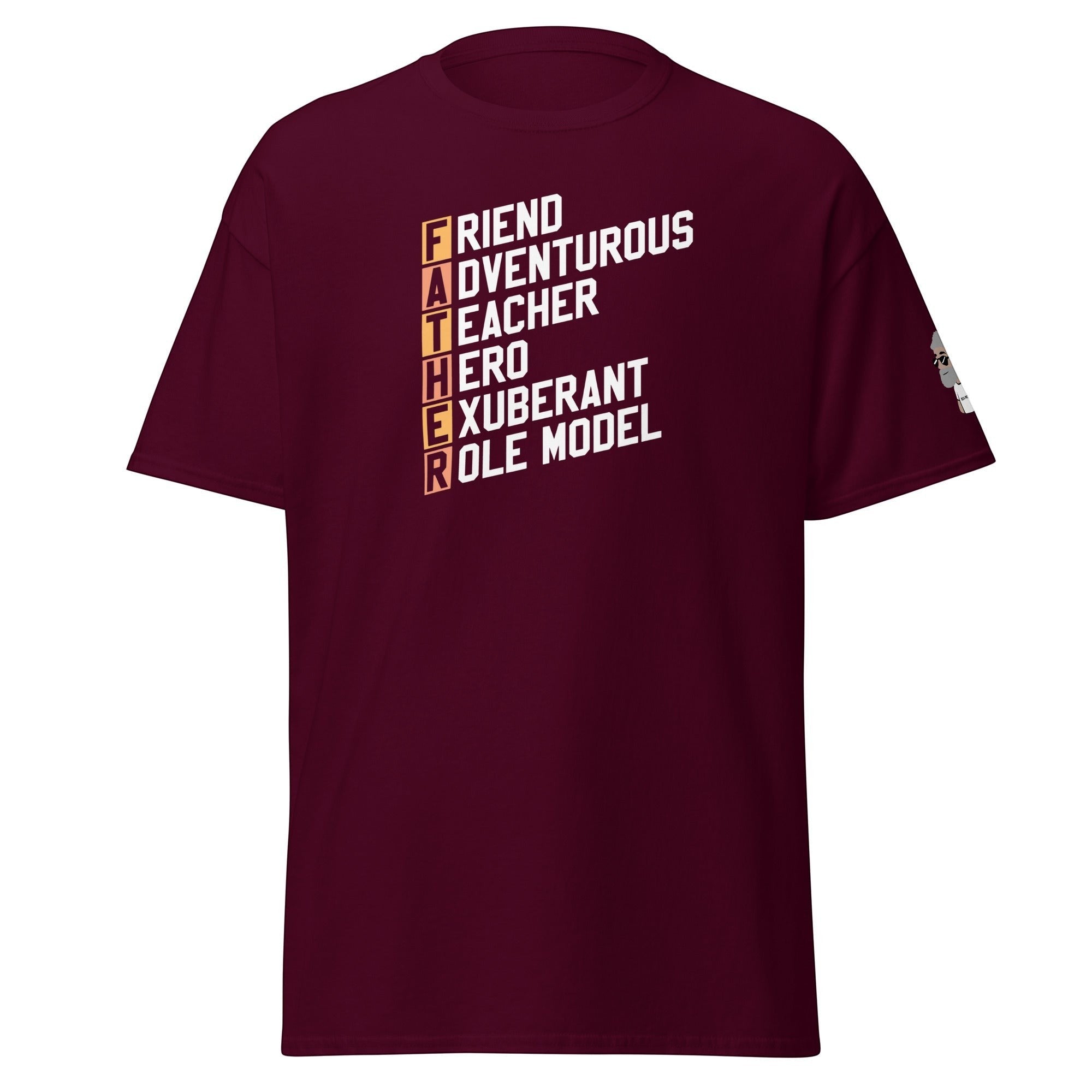 Big Daddy Allen Productions maroon cotton t-shirt with white and orange text spelling FATHER with descriptive words.