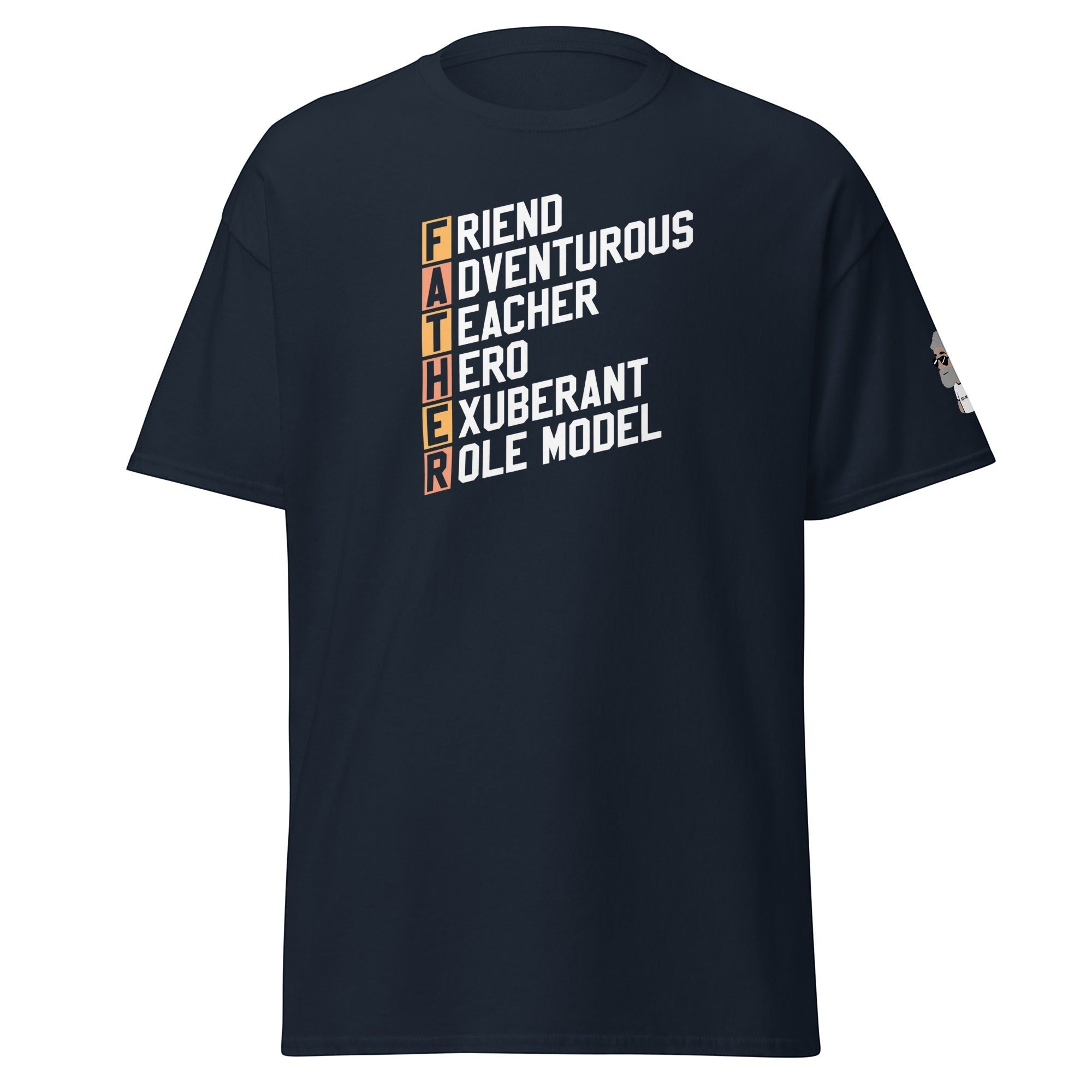 Big Daddy Allen Productions navy blue cotton t-shirt with white and orange text spelling FATHER with descriptive words.