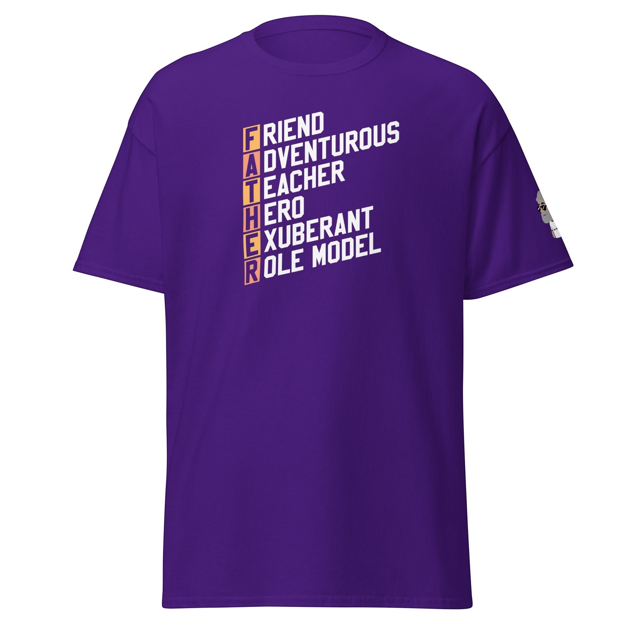 Big Daddy Allen Productions purple cotton t-shirt with "FATHER" graphic design spelling out Friend, Adventurous, Teacher, Hero, Exuberant, Role Model.