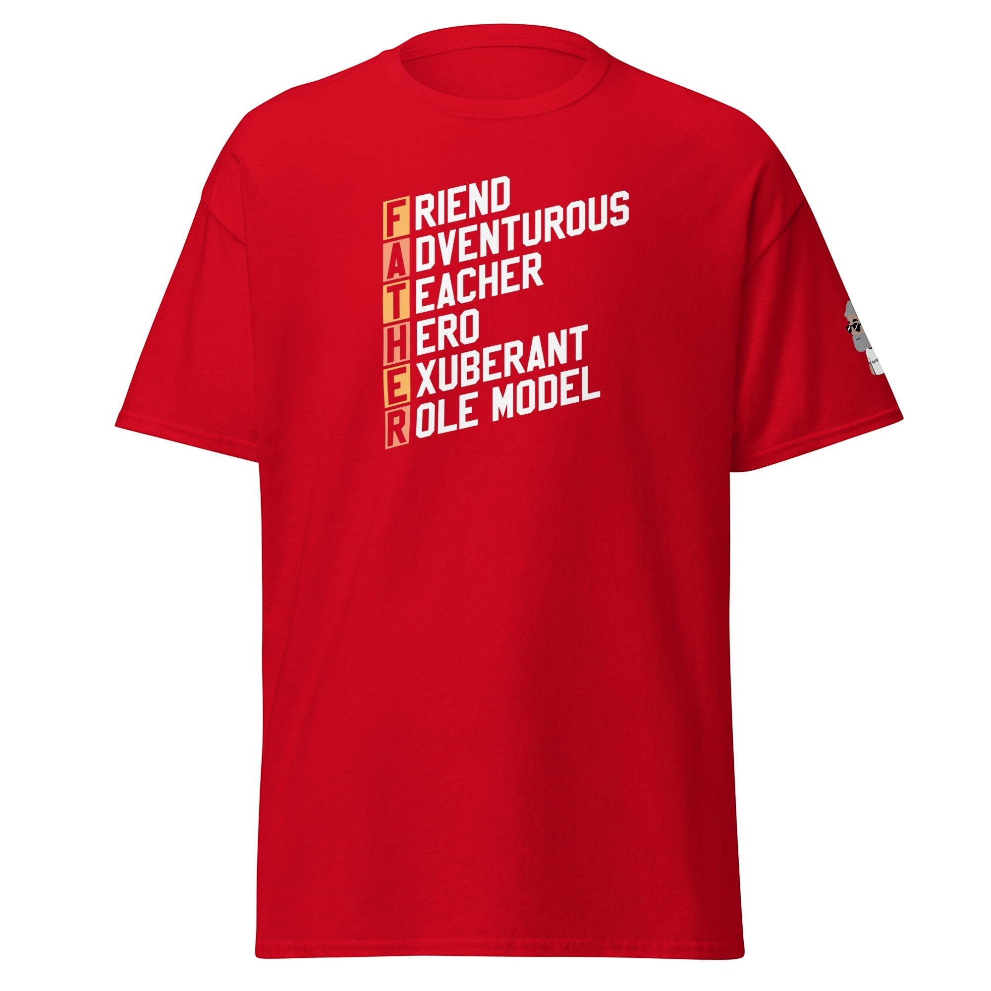 Big Daddy Allen Productions red cotton t-shirt with white and orange text spelling FATHER with descriptive words.