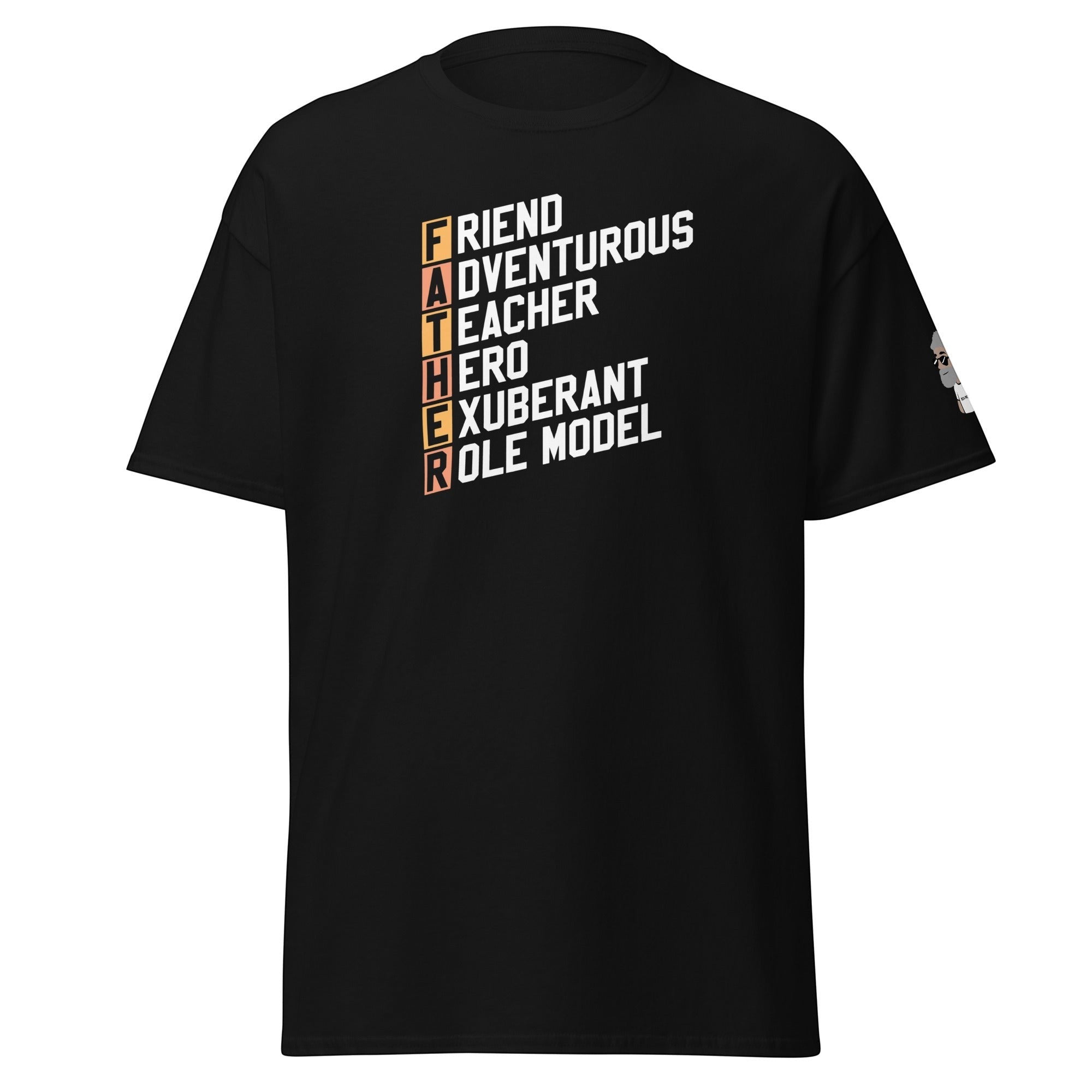 Big Daddy Allen Productions black cotton t-shirt with white and orange text spelling FATHER with descriptive words.