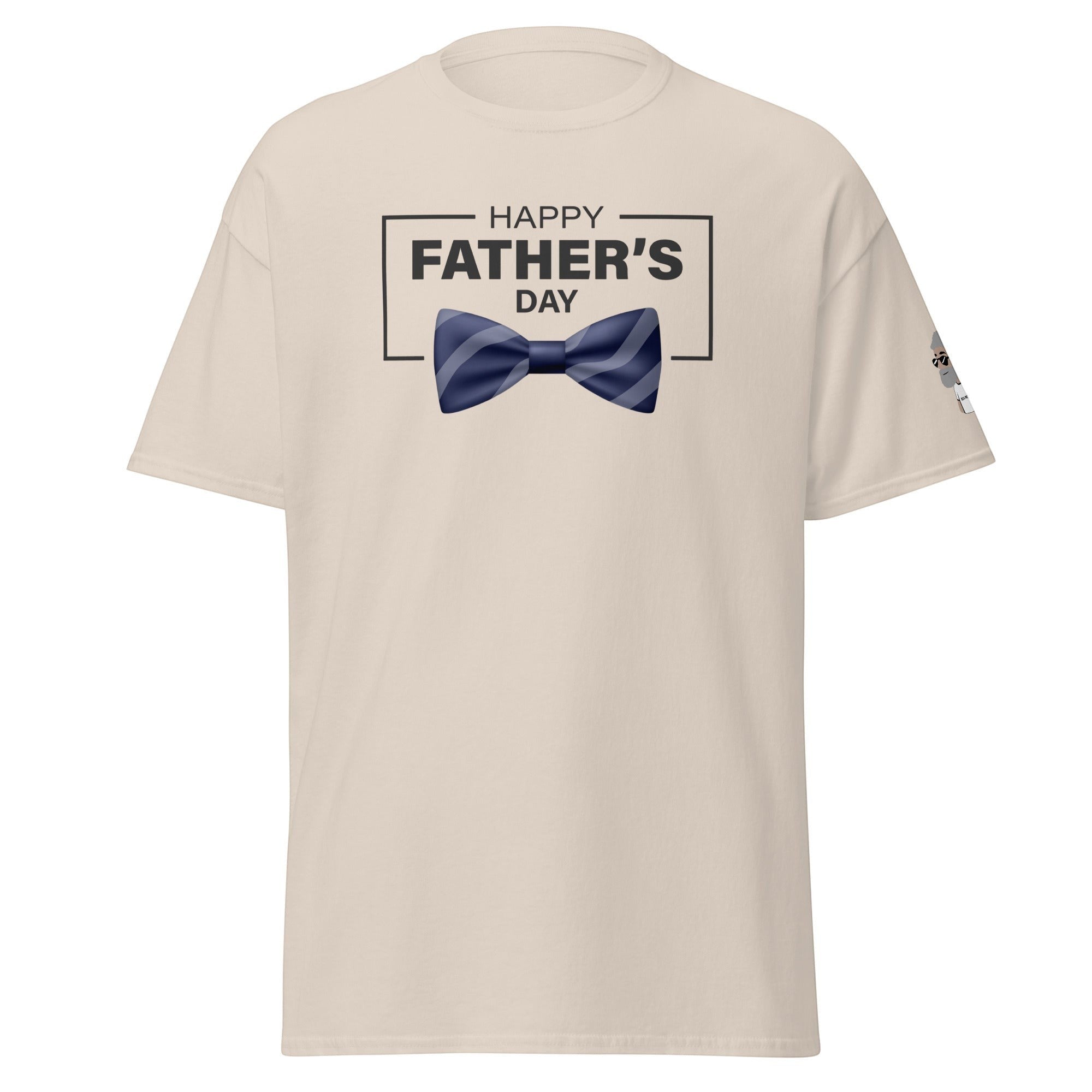 Big Daddy Allen Productions cream cotton t-shirt with "Happy Father's Day" graphic and blue striped bow tie.