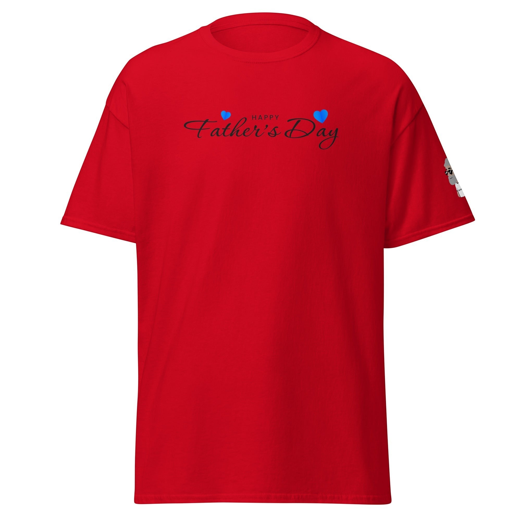 Big Daddy Allen Productions red t-shirt with "Happy Father's Day" graphic and blue hearts.