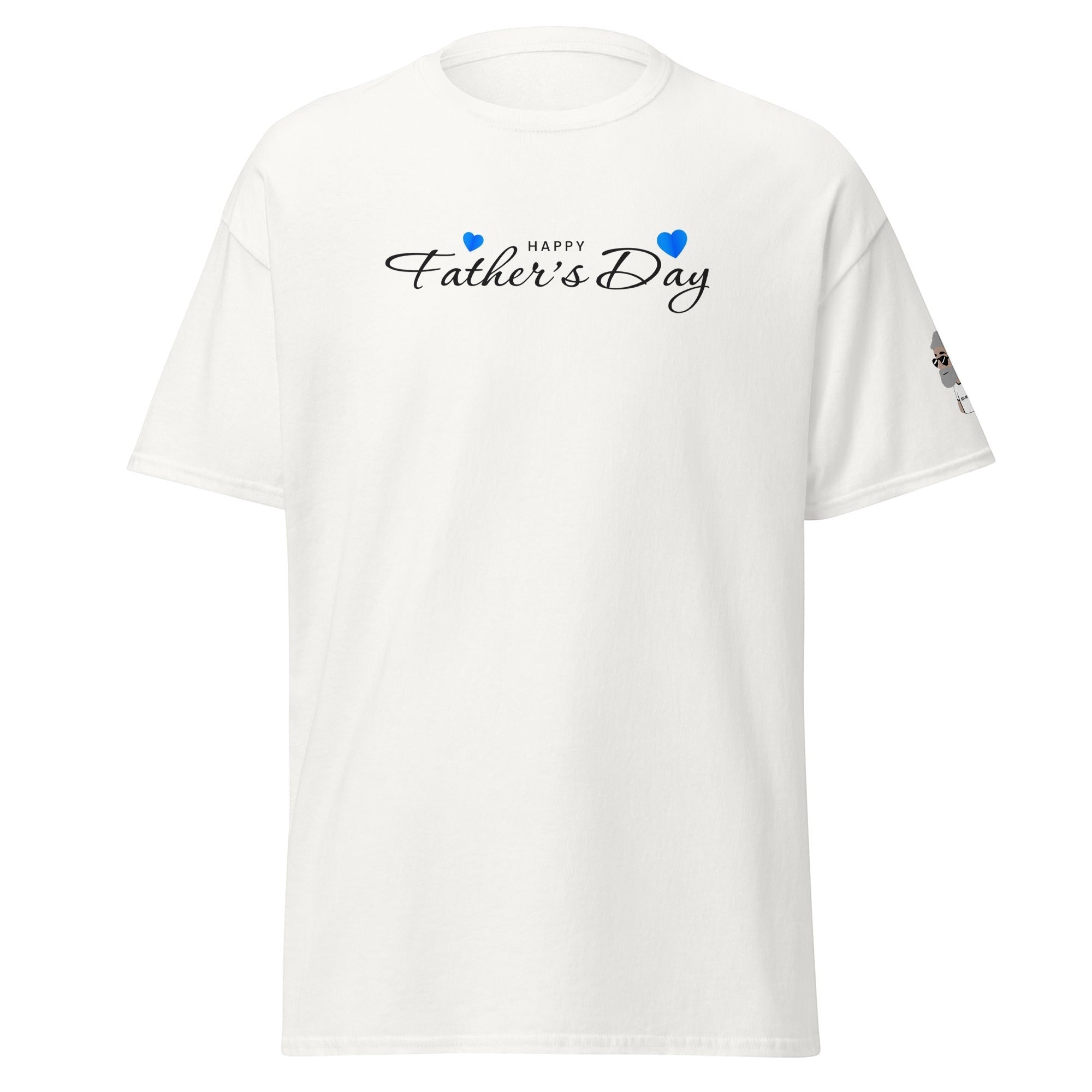 Big Daddy Allen Productions white t-shirt with "Happy Father's Day" graphic and blue heart accents.