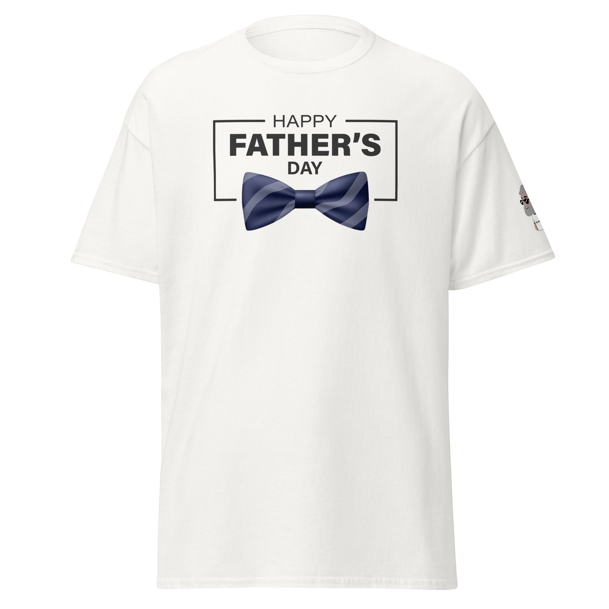 Big Daddy Allen Productions white cotton t-shirt with "Happy Father's Day" graphic and blue striped bow tie.