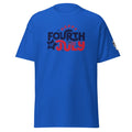 Big Daddy Allen Productions royal blue cotton t-shirt with "Happy Fourth of July" graphic and American flag detail.