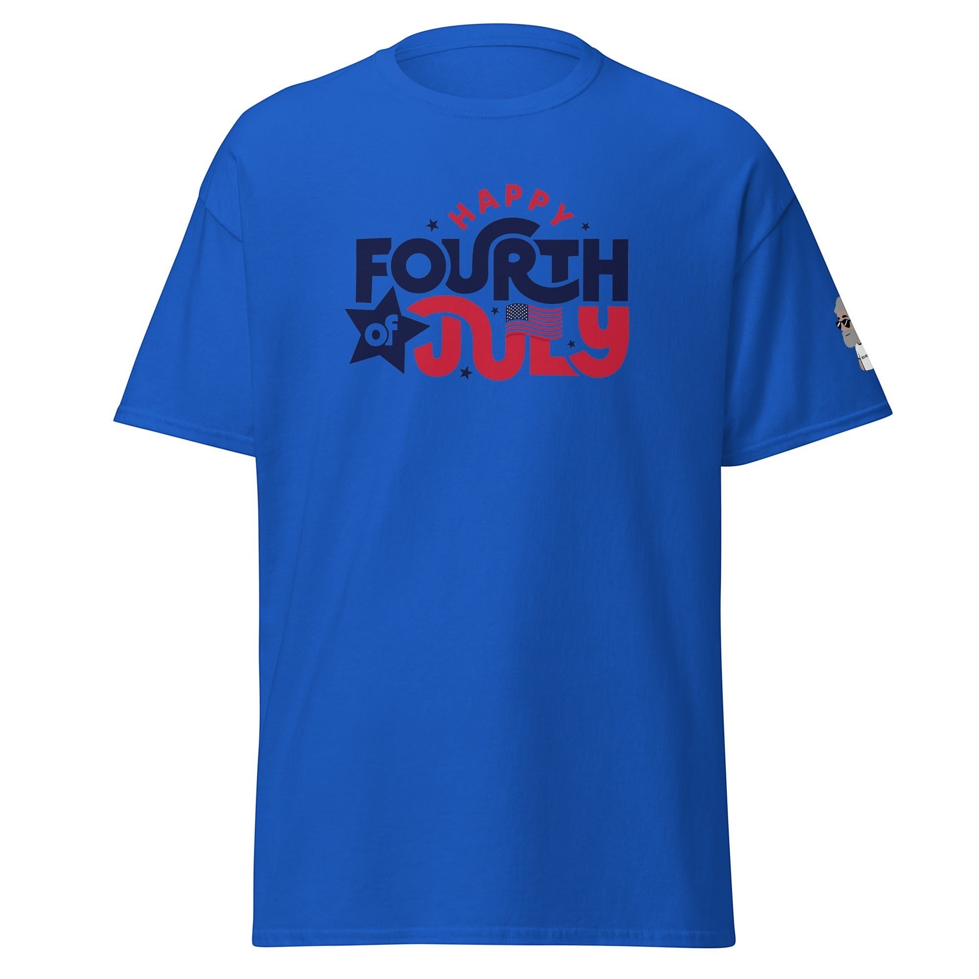 Big Daddy Allen Productions royal blue cotton t-shirt with "Happy Fourth of July" graphic and American flag detail.