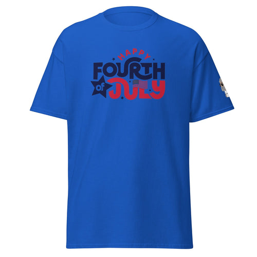 Big Daddy Allen Productions royal blue cotton t-shirt with "Happy Fourth of July" graphic and American flag detail.