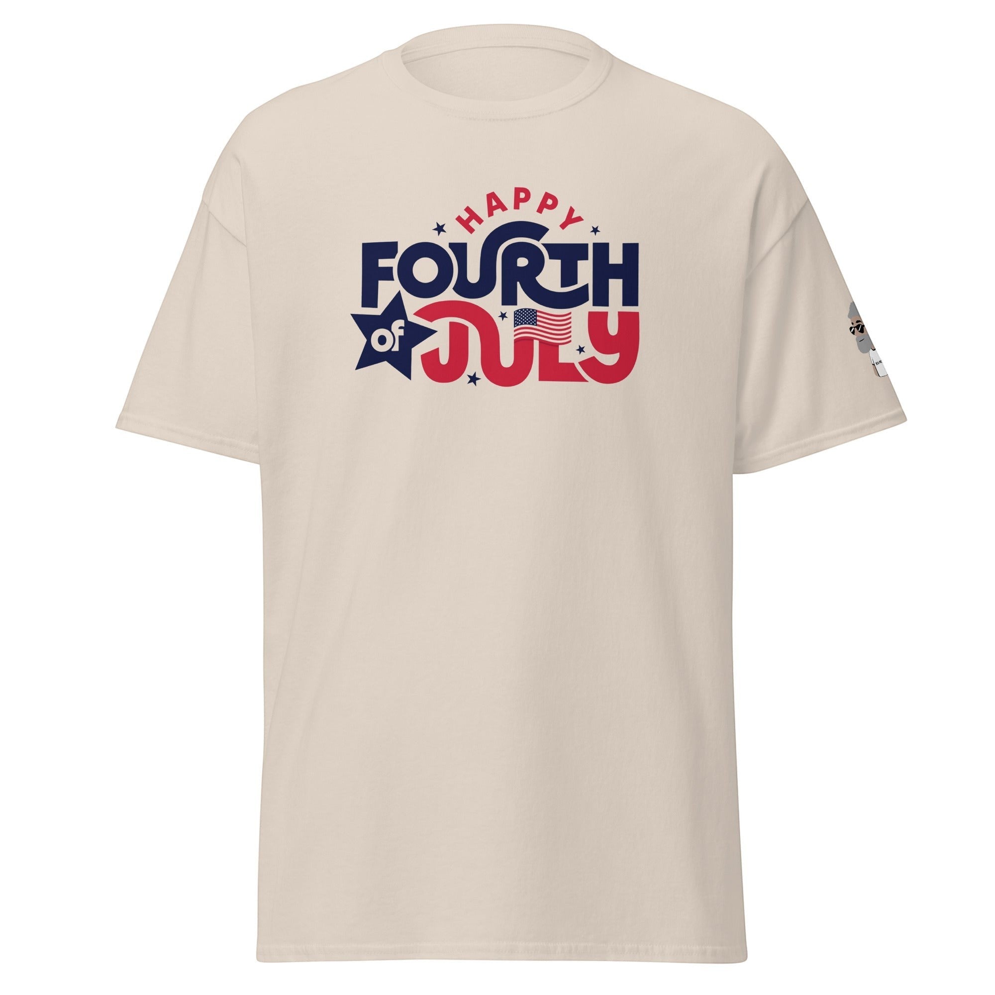 Big Daddy Allen Productions cream cotton t-shirt with "Happy Fourth of July" graphic in red, white, and blue.
