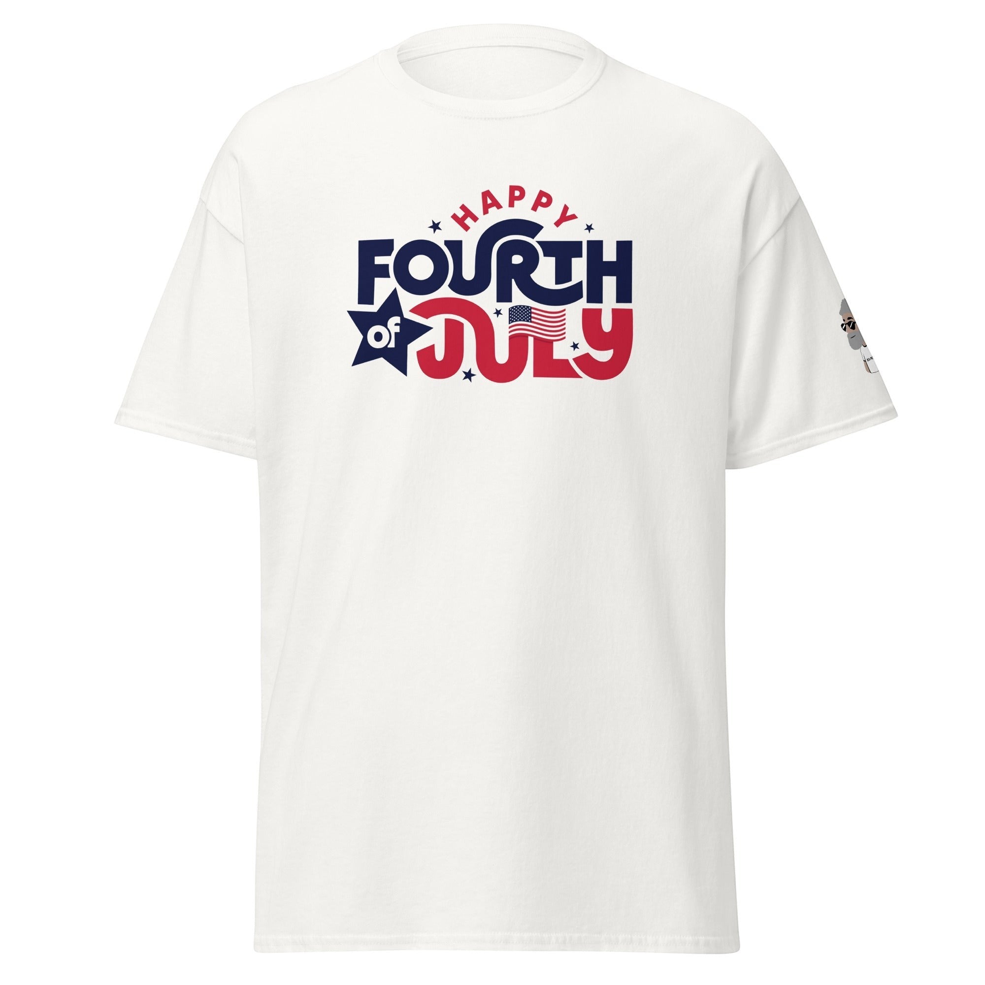 Big Daddy Allen Productions white cotton t-shirt with "Happy Fourth of July" graphic in red, white, and blue.