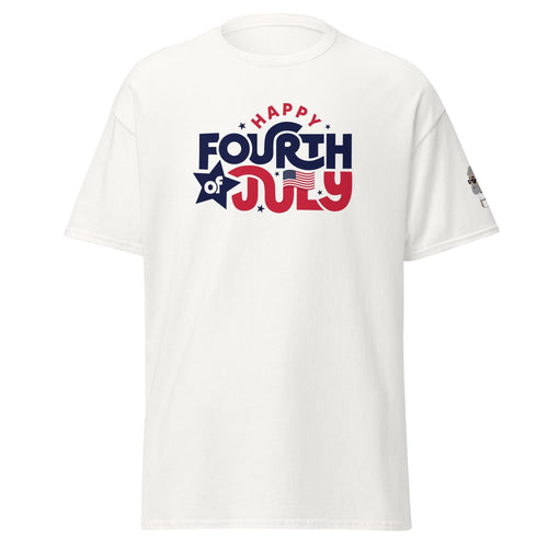 Big Daddy Allen Productions white cotton t-shirt with "Happy Fourth of July" graphic in red, white, and blue.