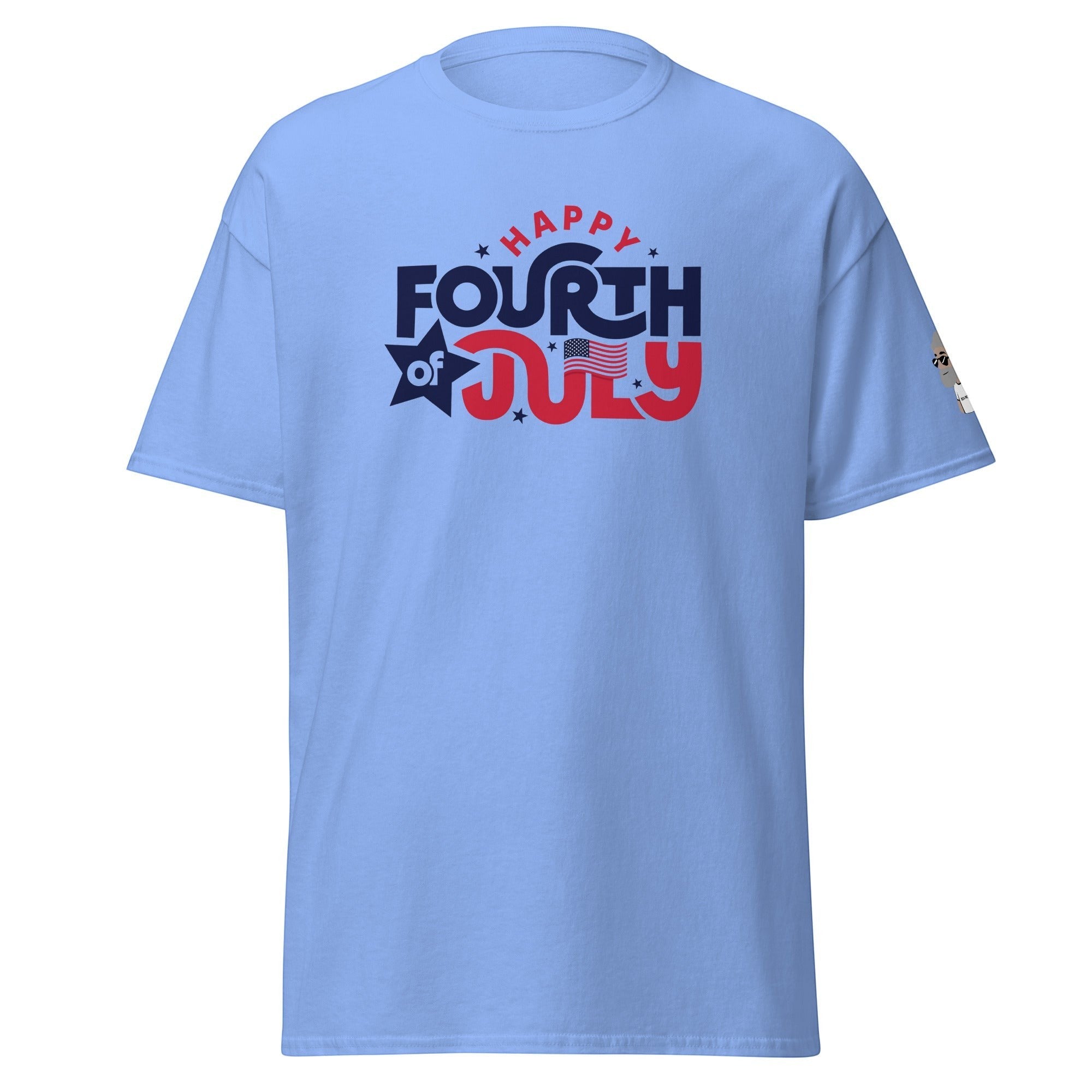 Big Daddy Allen Productions light blue cotton t-shirt with "Happy Fourth of July" graphic and American flag detail.