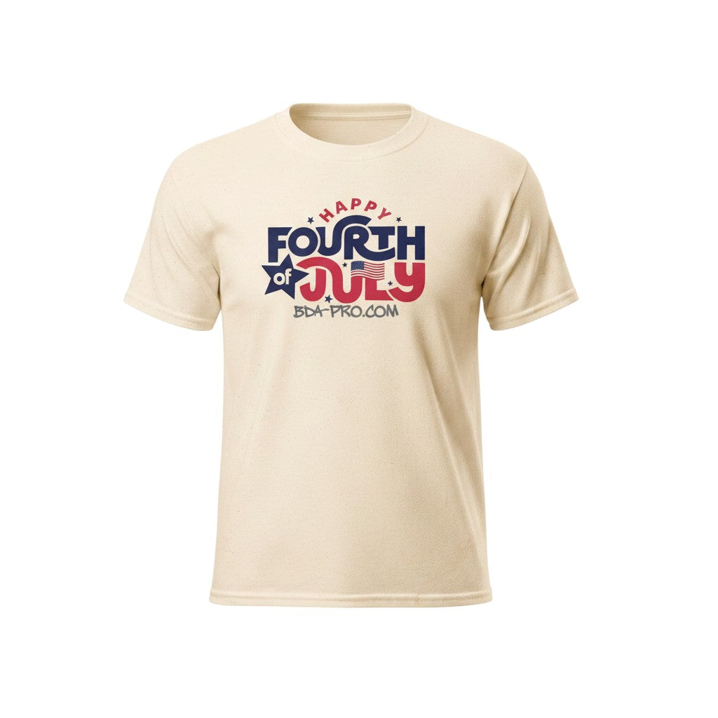 Big Daddy Allen Productions cream 100% cotton kids graphic t-shirt with "Happy Fourth of July" text and USA flag.