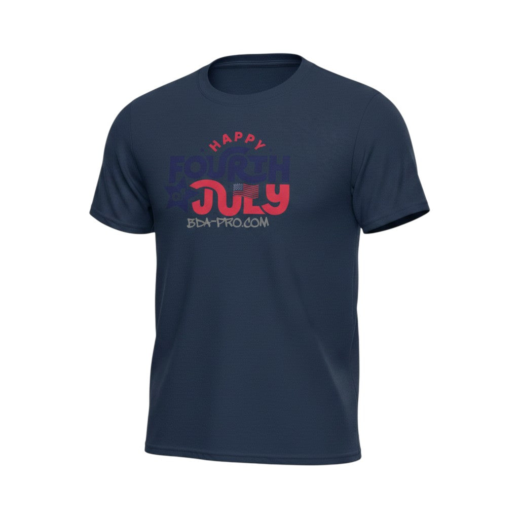 Big Daddy Allen Productions navy blue 100% cotton kids' t-shirt with "Happy Fourth of July" graphic and American flag detail.