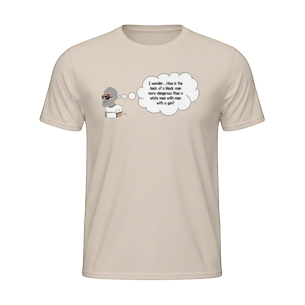 Big Daddy Allen Productions graphic t-shirt with a cartoon man thinking about the danger of a black man versus a white man with a gun.