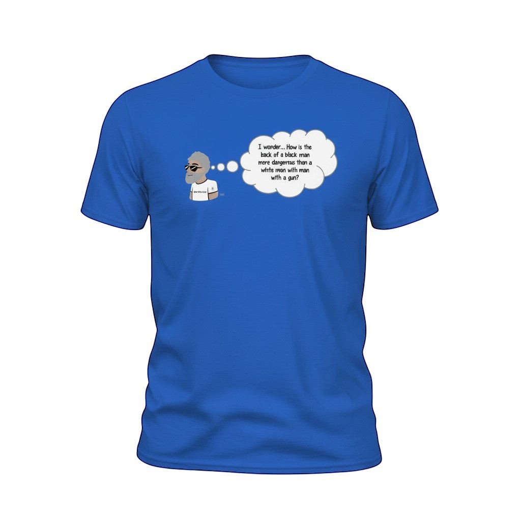Big Daddy Allen Productions blue cotton t-shirt with a graphic of a man thinking about a controversial statement.