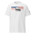 Big Daddy Allen Productions white graphic t-shirt with US flag and enslaved people carrying the nation's burden.
