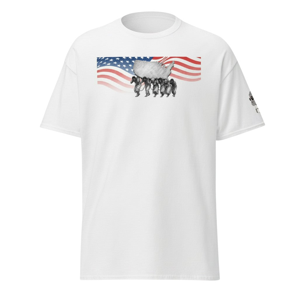 Big Daddy Allen Productions white graphic t-shirt with US flag and enslaved people carrying the nation's burden.