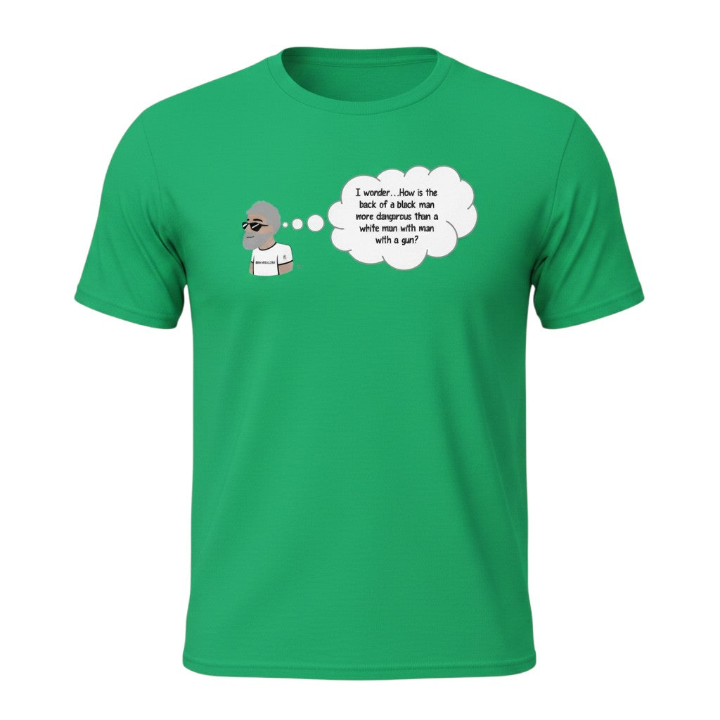 Big Daddy Allen Productions green cotton t-shirt with a graphic of a man thinking about a controversial question.