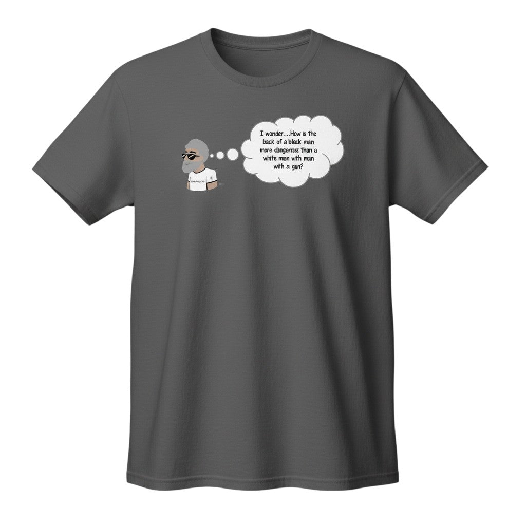 Big Daddy Allen Productions grey cotton t-shirt with a graphic of a man thinking about the danger of a black man vs a white man with a gun.