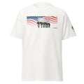 Big Daddy Allen Productions white graphic t-shirt with US map carried by enslaved people under American flag.