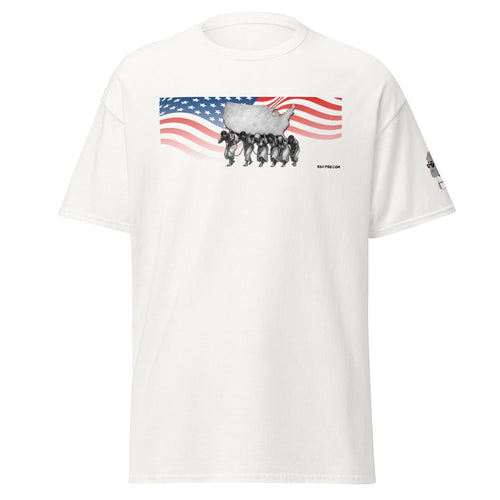 Big Daddy Allen Productions white graphic t-shirt with US map carried by enslaved people under American flag.