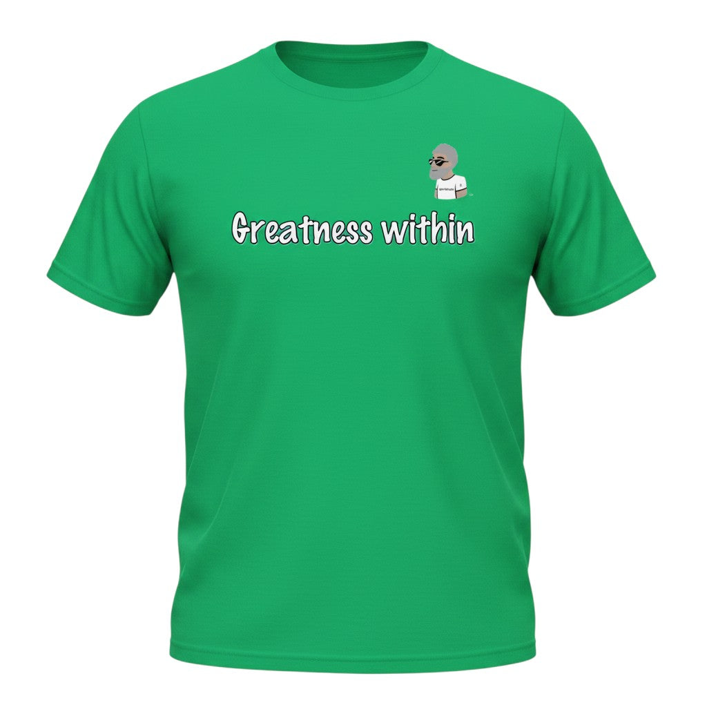 Big Daddy Allen Productions green cotton t-shirt with "Greatness within" graphic and BDA logo.