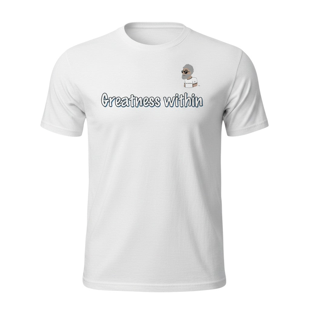Big Daddy Allen Productions white cotton graphic t-shirt with "Greatness Within" text and BDA logo graphic.