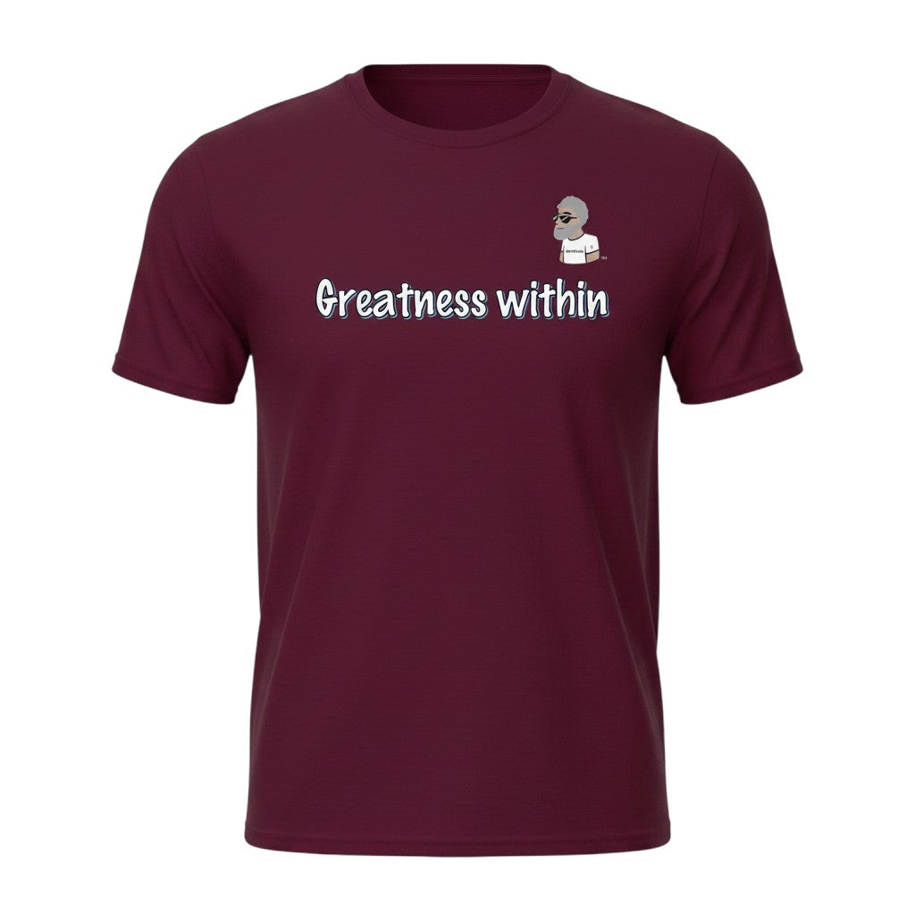 Big Daddy Allen Productions maroon cotton graphic t-shirt with "Greatness Within" text and BDA logo.