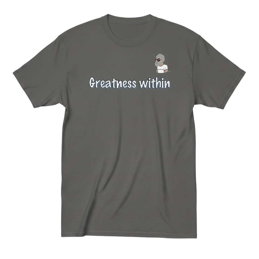 Big Daddy Allen Productions grey cotton t-shirt with "Greatness within" graphic and BDA logo. Short sleeve, crew neck.