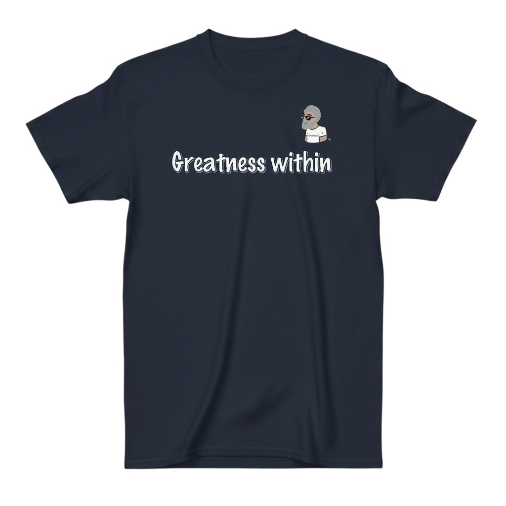 Big Daddy Allen Productions navy blue cotton t-shirt with "Greatness Within" graphic and BDA logo.