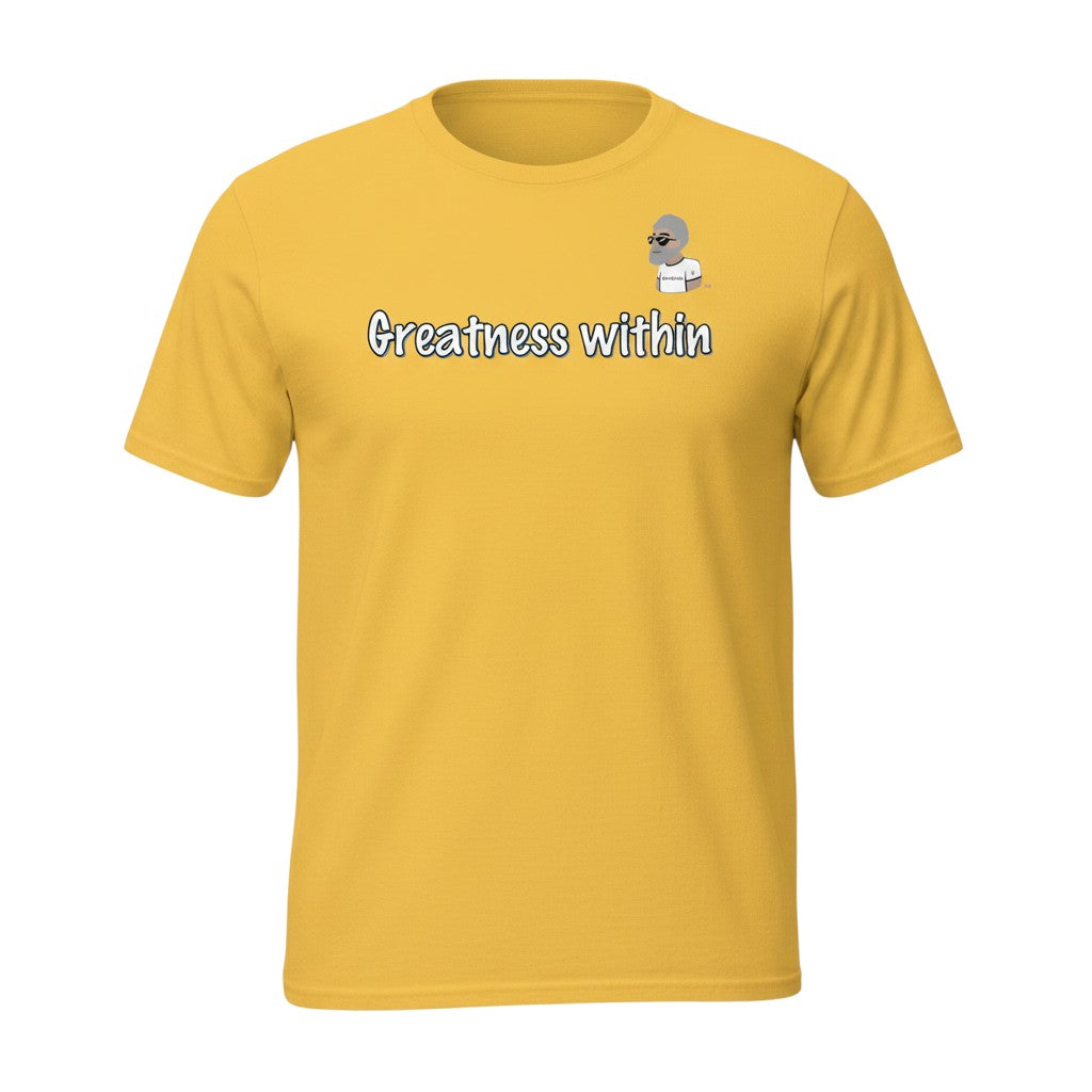 Big Daddy Allen Productions yellow cotton graphic t-shirt with "Greatness within" text and BDA logo.
