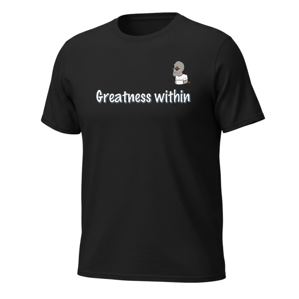 Big Daddy Allen Productions black cotton graphic t-shirt with "Greatness within" text and BDA logo.