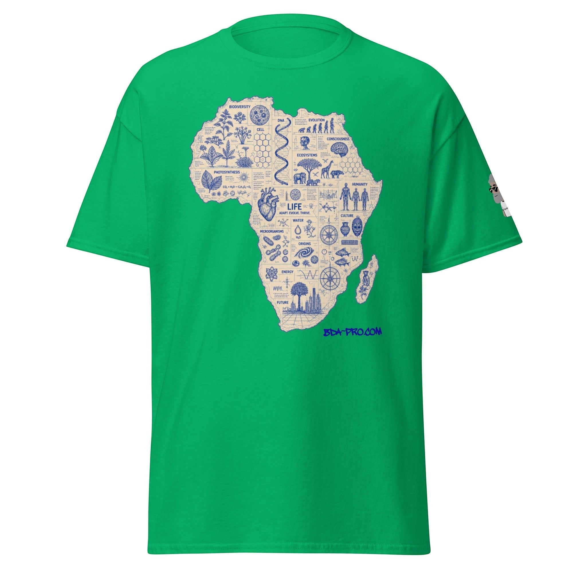Big Daddy Allen Productions green cotton t-shirt featuring a blue blueprint graphic of the African continent.