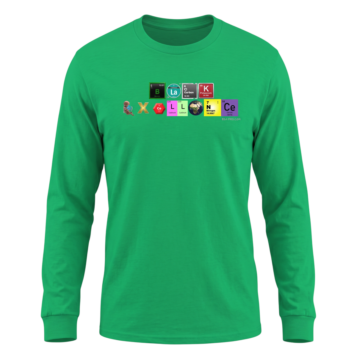 Big Daddy Allen Productions green long sleeve shirt with periodic table graphic spelling Black Excellence