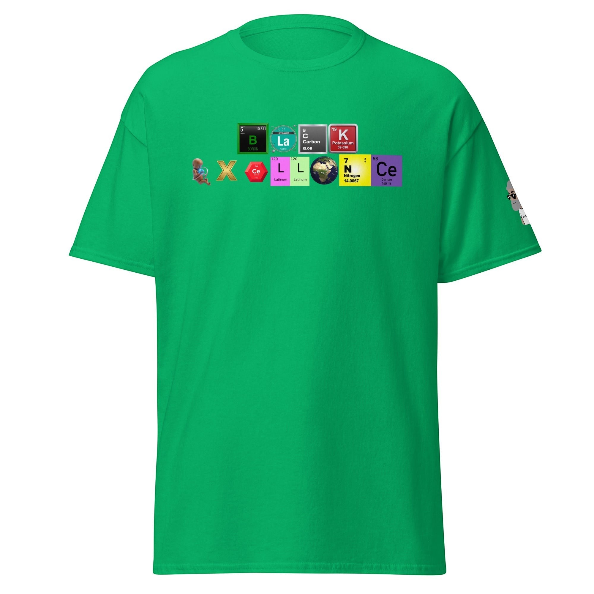 Big Daddy Allen Productions green graphic tee featuring a periodic table design spelling Black Excellence