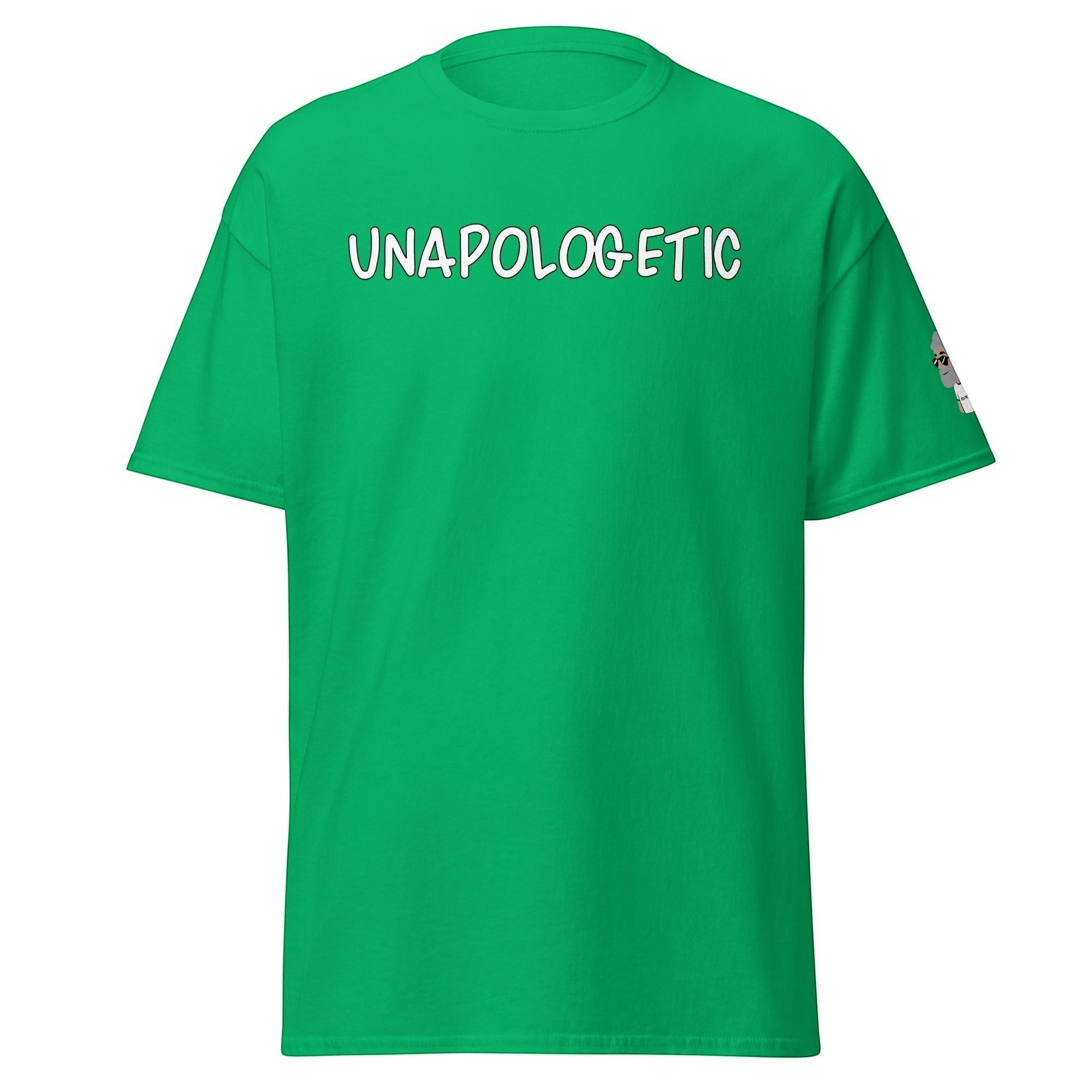 Big Daddy Allen Productions green graphic t-shirt with UNAPOLOGETIC printed in white on the chest