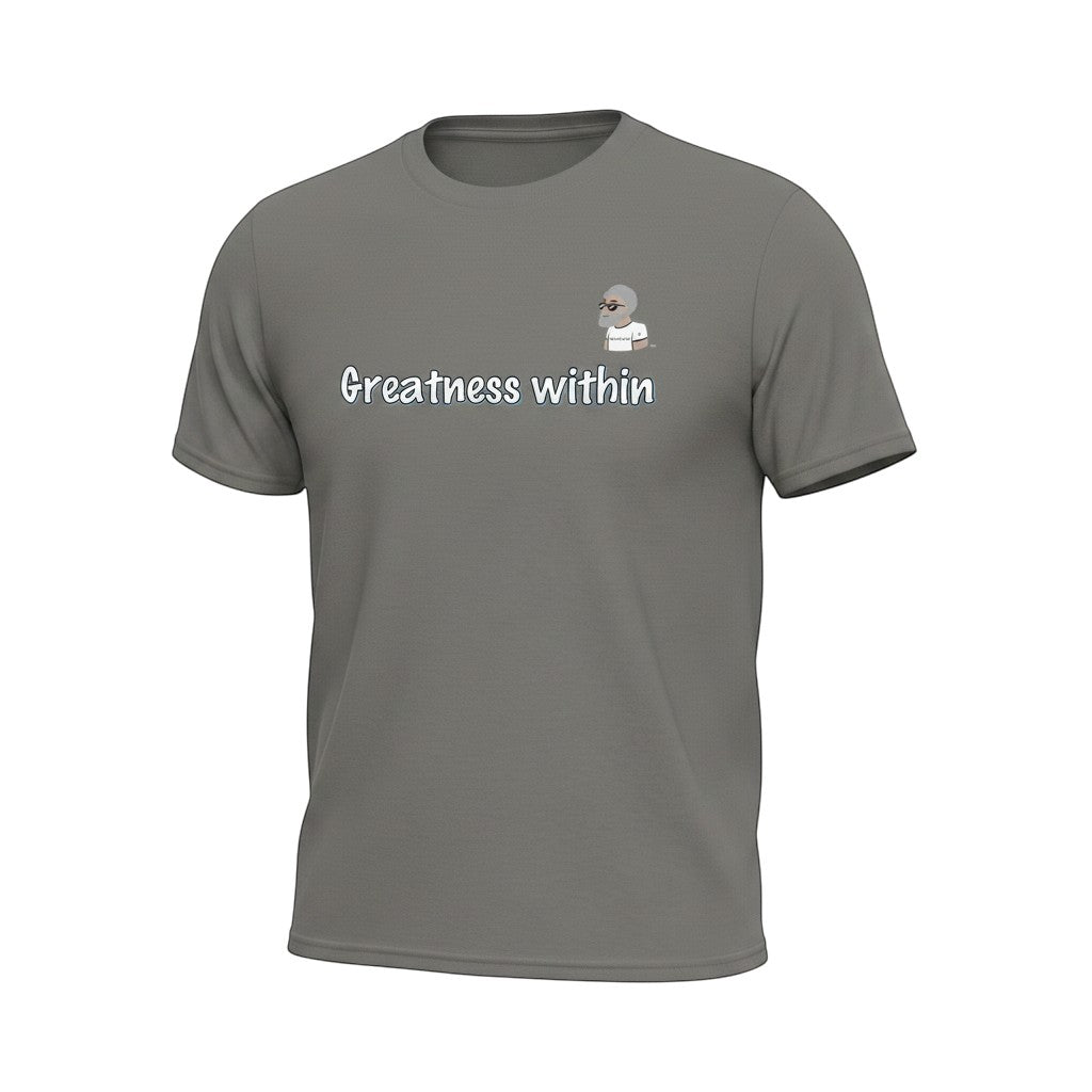 Big Daddy Allen Productions charcoal grey 100% cotton kids t-shirt with "Greatness within" graphic and BDA logo.
