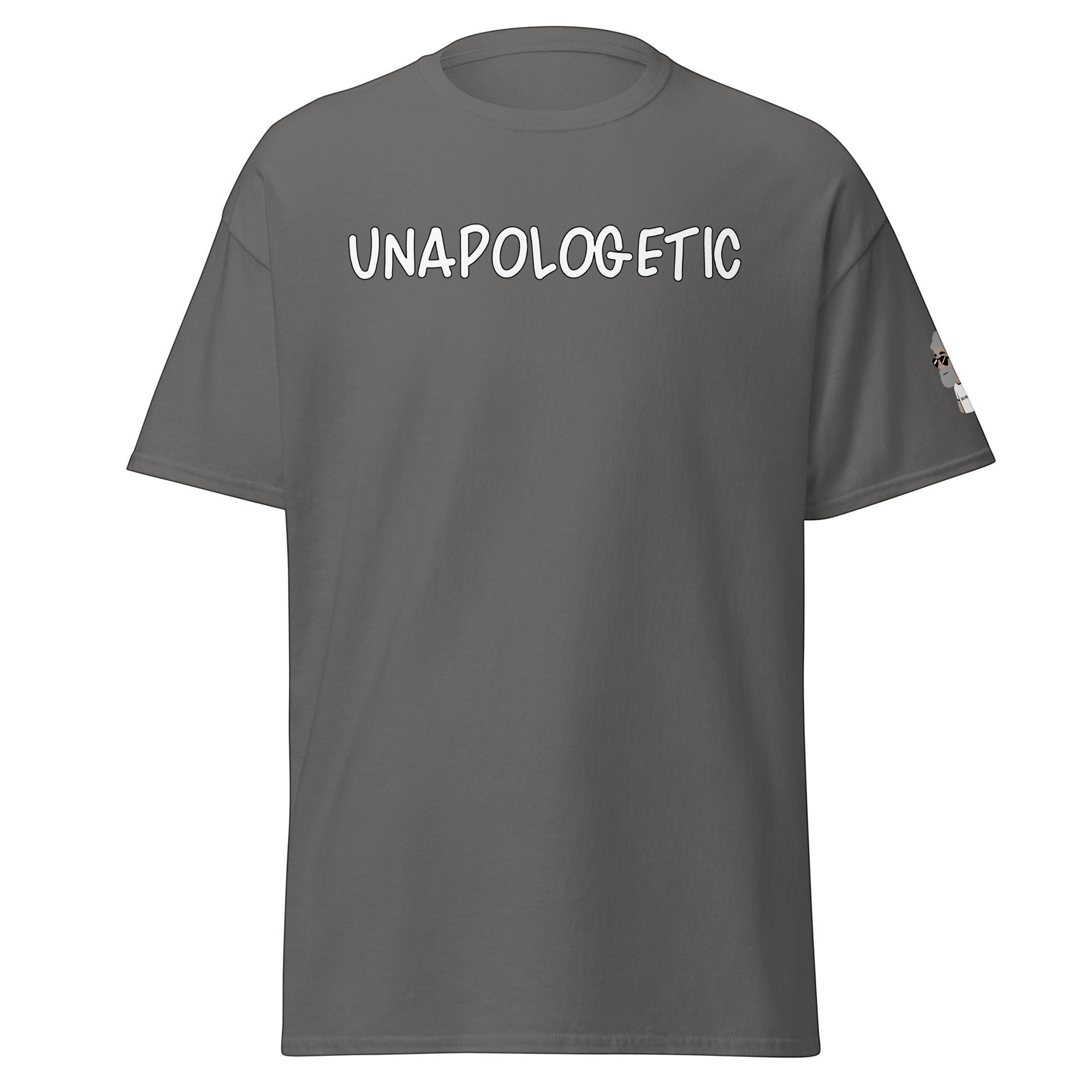 Big Daddy Allen Productions grey graphic t-shirt with UNAPOLOGETIC text on the chest and a small sleeve detail.